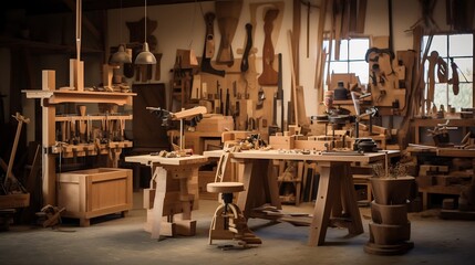 A collection of various wooden tools utensils and handcrafted items neatly arranged and displayed on a rustic workbench in a cozy workshop setting showcasing the skill and craftsmanship of an artisan