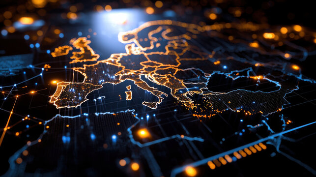 digital map of Europe showcasing social inequality through illuminated data points and connections, highlighting disparities across regions