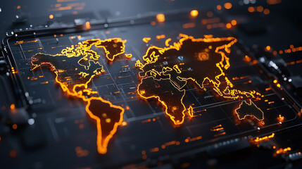 digital map displaying global social inequality with glowing orange outlines, showcasing various regions and data points. This visualization highlights disparities across world