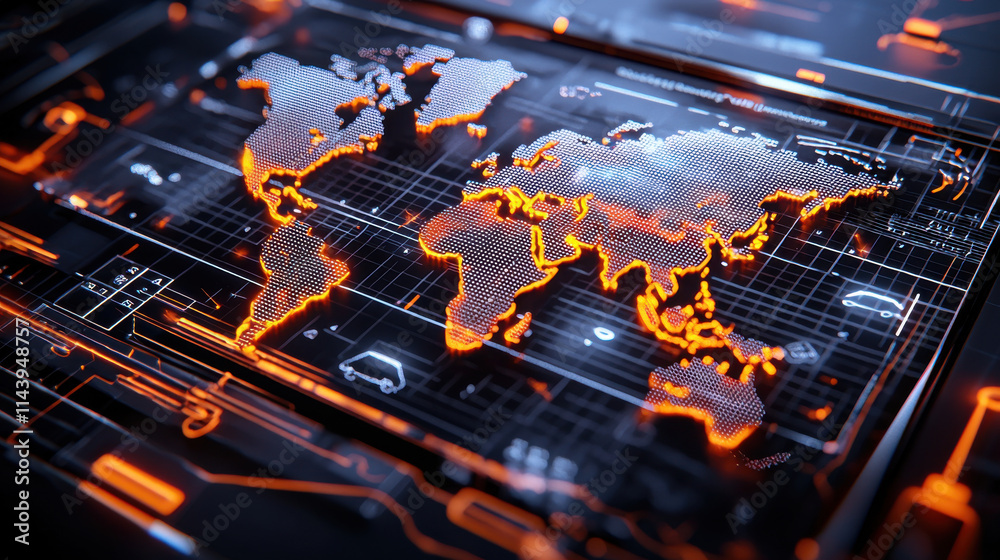 Poster digital map displaying live flight tracking and updates with glowing orange accents. intricate design highlights global connectivity and modern technology