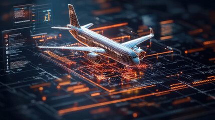 digital map featuring live flight tracking and updates, showcasing futuristic airplane design with glowing lines and data overlays. This captures essence of modern aviation technology