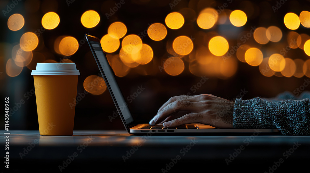 Poster digital nomad working on laptop with coffee cup, surrounded by warm bokeh lights, creating cozy and 