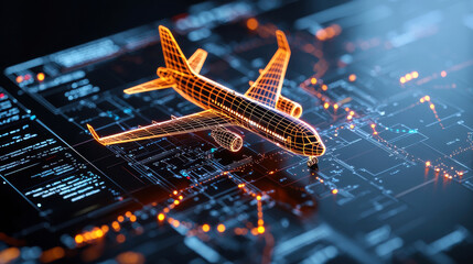digital map featuring live flight tracking and updates, showcasing illuminated airplane model. This high tech visualization highlights modern aviation technology and connectivity