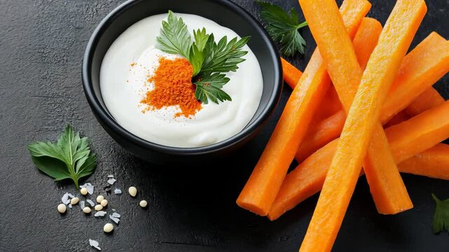 Bowl of dip and a plate of carrot sticks. The bowl of dip is white and has a sprinkle of pepper on top. The carrot sticks are orange and are arranged in a row. Scene is healthy and appetizing