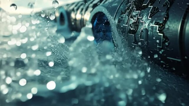Big data flowing through water like a pipe creating splashes and ripples, symbolizing the constant flow and processing of information in the digital age