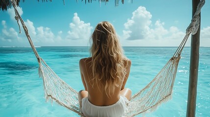 Woman relaxing in hammock over turquoise ocean.