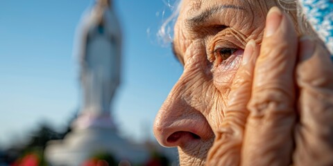 Profile of an elderly woman with deeply wrinkled skin, gazing thoughtfully at a distant religious statue, capturing faith, age, and lifes journey under a clear blue sky.