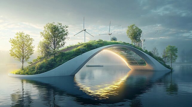 Innovative floating garden bridge design featuring integrated wind turbines and walking paths symbolizing the harmonious coexistence of nature technology and sustainable engineering principles