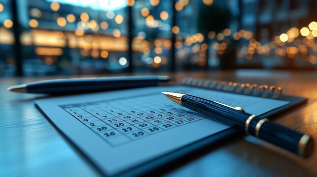 Neatly Arranged Calendar and Pen on a Minimalist Desk Setup with Empty Space for Text or Workspace Composition