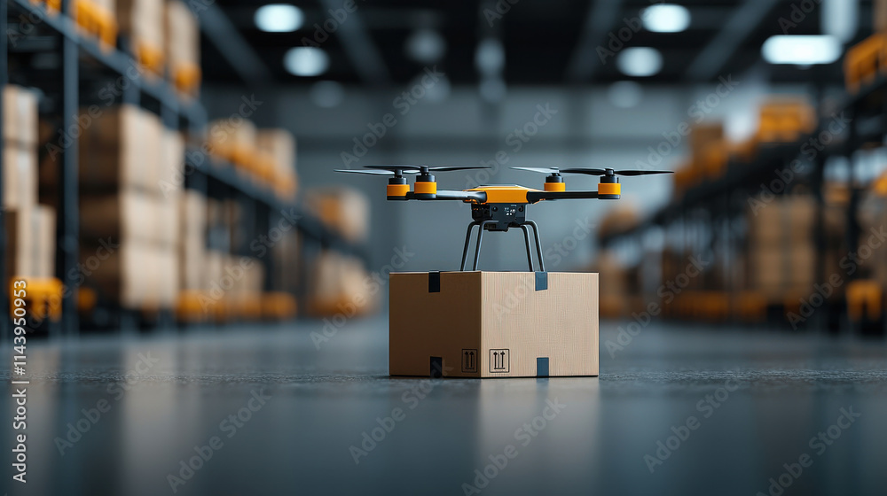 Leinwandbilder drone is positioned on cardboard box in modern warehouse, showcasing advanced technology for sorting