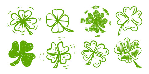 Lucky four, three clover shamrock leaf icon hand drawn style vector illustration set. Irish celtic St Patrick Day logo shamrock clover leaf symbol collection. Luck and happiness floral Irish ornament.