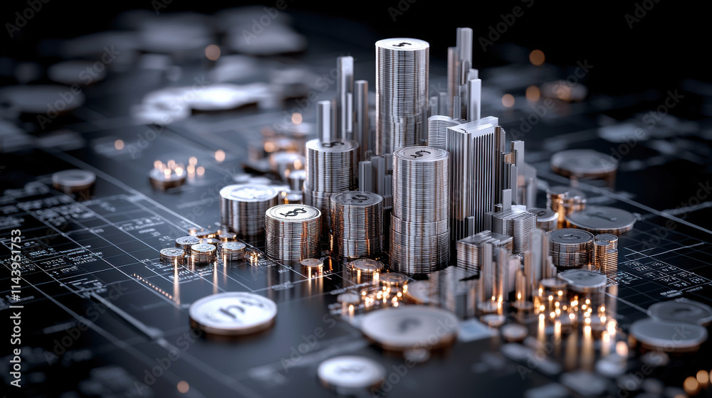 Poster dynamic 3d representation of global currencies and financial growth, showcasing stacks of coins and 