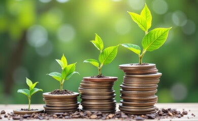 A young plant sprouts from a stack of golden coins, representing financial growth and investment.