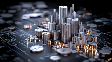 dynamic 3D representation of global currencies and financial growth, showcasing stacks of coins and bars on digital background. This conveys essence of modern finance