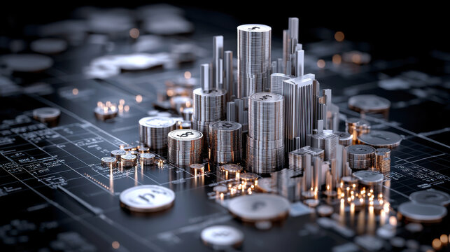 dynamic 3D representation of global currencies and financial growth, showcasing stacks of coins and bars on digital background. This conveys essence of modern finance