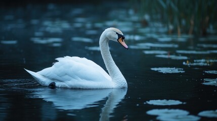 Fototapeta premium Elegant white swan gracefully gliding on calm dark water, surrounded by lily pads.