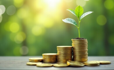 A young plant sprouts from a stack of golden coins, representing financial growth and investment.