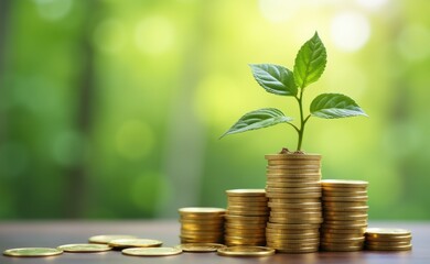 A young plant sprouts from a stack of golden coins, representing financial growth and investment.