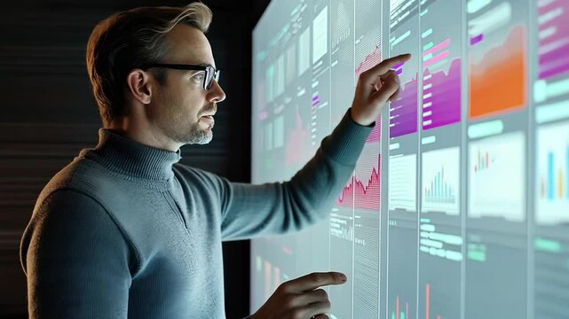 Data Driven Decisions: A focused businessman, meticulously analyzing data on a large interactive screen, embodies the power of data-driven decision-making in the modern business landscape.