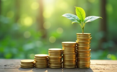 A young plant sprouts from a stack of golden coins, representing financial growth and investment.