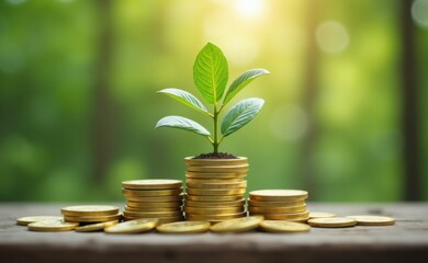 A young plant sprouts from a stack of golden coins, representing financial growth and investment.
