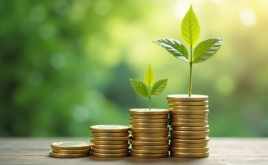 A young plant sprouts from a stack of golden coins, representing financial growth and investment.