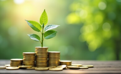 A young plant sprouts from a stack of golden coins, representing financial growth and investment.