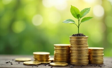 A young plant sprouts from a stack of golden coins, representing financial growth and investment.
