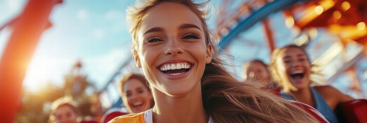 A group of friends enjoying an afternoon at an amusement park, smiling while riding a roller coaster.