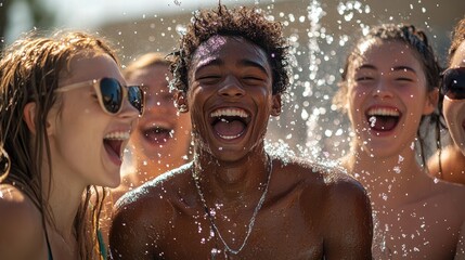 A group of friends enjoying a summer pool party, splashing water, laughing, and celebrating.