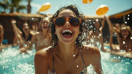 A group of friends enjoying a summer pool party, splashing water, laughing, and celebrating.