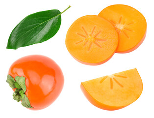 sliced ripe persimmon with green leaves isolated on white background. clipping path