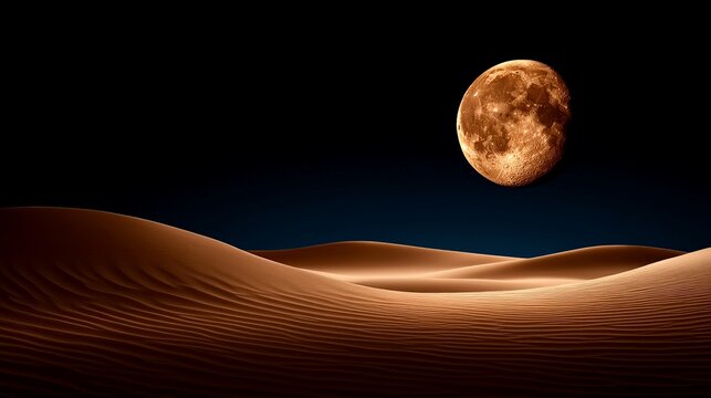 Desert Moonrise: A majestic, amber-hued full moon hangs low in the inky night sky above rolling sand dunes, casting a warm, ethereal glow across the desert landscape. 