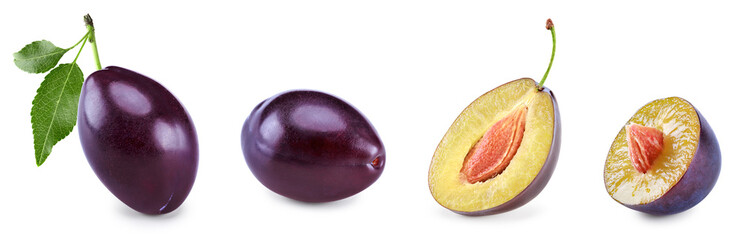fresh plum fruit with green leaf and cut plum slices isolated on white background. clipping path