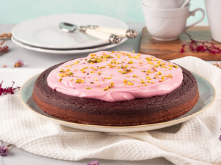 Beetroot chocolate cake with pink cream cheese pistachio icing