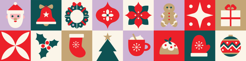 Merry Christmas long horizontal banner. Vector illustration, simple flat trendy modern design elements for greeting banner, poster, card. 