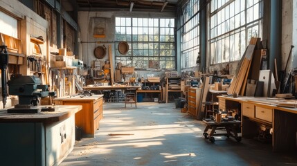 Sunlit workshop interior with woodworking tools and materials.