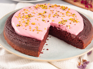 Beetroot chocolate cake with pink cream cheese pistachio icing