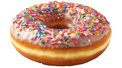 Delicious and Colorful Fresh Donut Topped with Sprinkles Perfect for Bakeries, Cafes, and Dessert Menus.