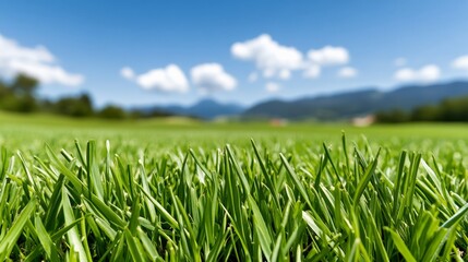 Obraz premium Vibrant Green Grass: Close-up view of lush, vibrant green grass blades extending to a blurred background of a scenic landscape with mountains and blue sky.