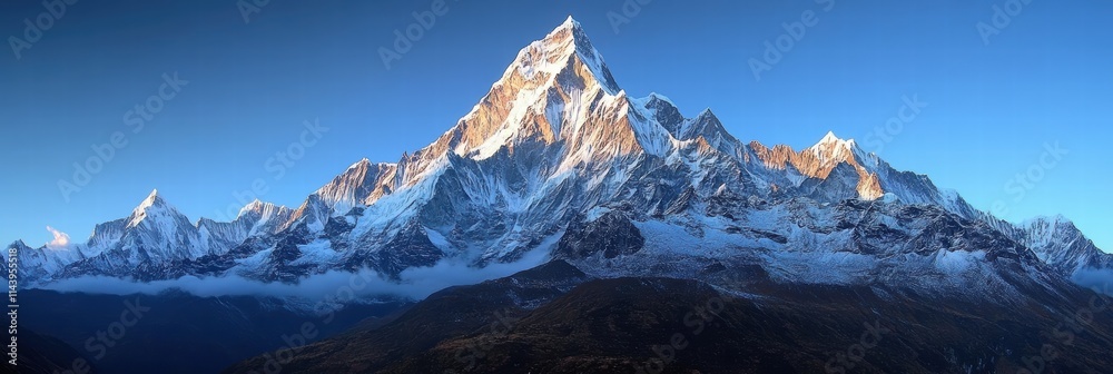 Wall mural A mountain range with snow-capped peaks, bathed in soft morning light, evoking a feeling of peace and solitude.