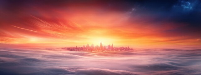 Naklejka premium Majestic Sunrise Over a Distant City Surrounded by Dreamy Clouds and Vibrant Colors in a Stunning Horizon View for Inspirational Imagery