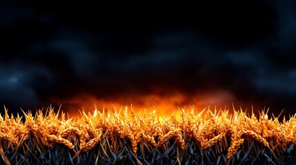 Fiery Harvest: A dramatic landscape image showcasing a field of wheat ablaze in fiery orange and yellow hues against a dark, stormy sky. The contrast creates a powerful and evocative scene.