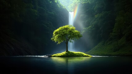 3D rendering of Sunlit mist swirling around a tall rocky waterfall, with a vivid rainbow appearing at the center, symbolizing beauty and tranquility
