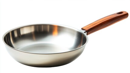 Shiny stainless steel frying pan with a wooden handle. Ideal for cooking various dishes. Elevate your culinary experience with this versatile kitchen tool. Generative AI
