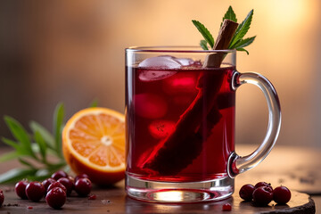 Refreshing cranberry juice with ice, garnished with lemon slices, served in a glass on a pink background, surrounded by blackberries and citrus accents.