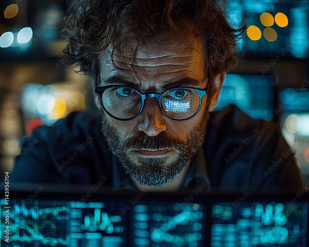 Poster intense researcher analyzing multitude of data displayed on multiple screens in lab or office settin