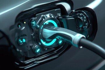 Electric vehicle charging port with glowing teal accents, showcasing futuristic design and technology.