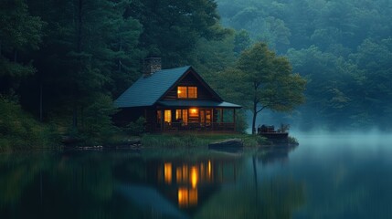 Obraz premium A peaceful cabin by a lake, surrounded by trees, with soft light coming from the windows and the sound of nature all around.