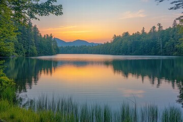 Fototapeta premium A peaceful lake reflecting the warm colors of the setting sun, with still waters and distant mountains.